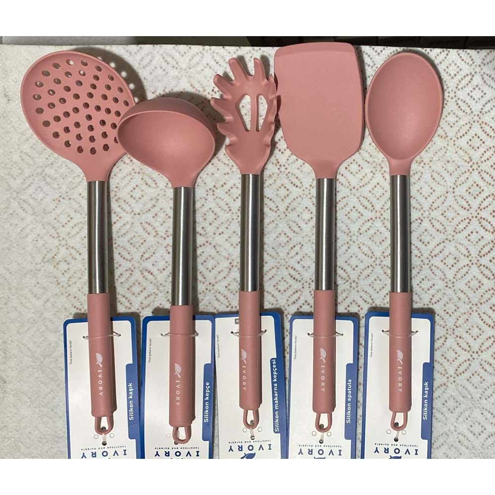 İVORY 5 Lİ ÇELİK SAPLI SİLİKON KAŞIK SETİ PEMBE