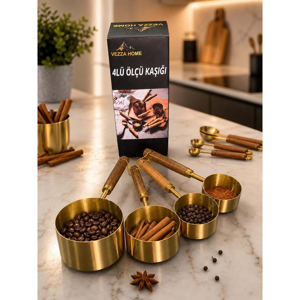 AHŞAP SAPLI GOLD ÖLÇÜ KAŞIK SETİ 4 LÜ