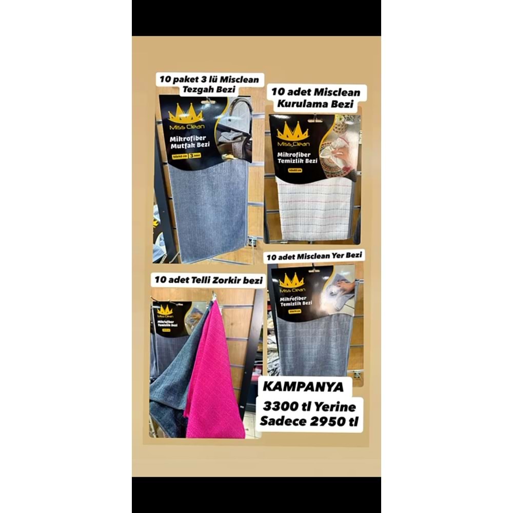 MİSCLEAN TEMİZLİK SETİ (10PKT TEZGAH BEZİ 10 ZORKİR BEZİ 10 YER BEZİ 10 KURULAMA BEZİ)