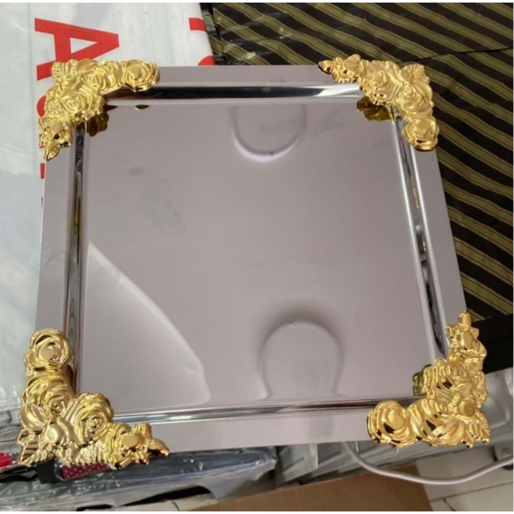 GOLD GÜL DETAYLI GÜMÜŞ 6 LI SUNUM TEPSİSİ