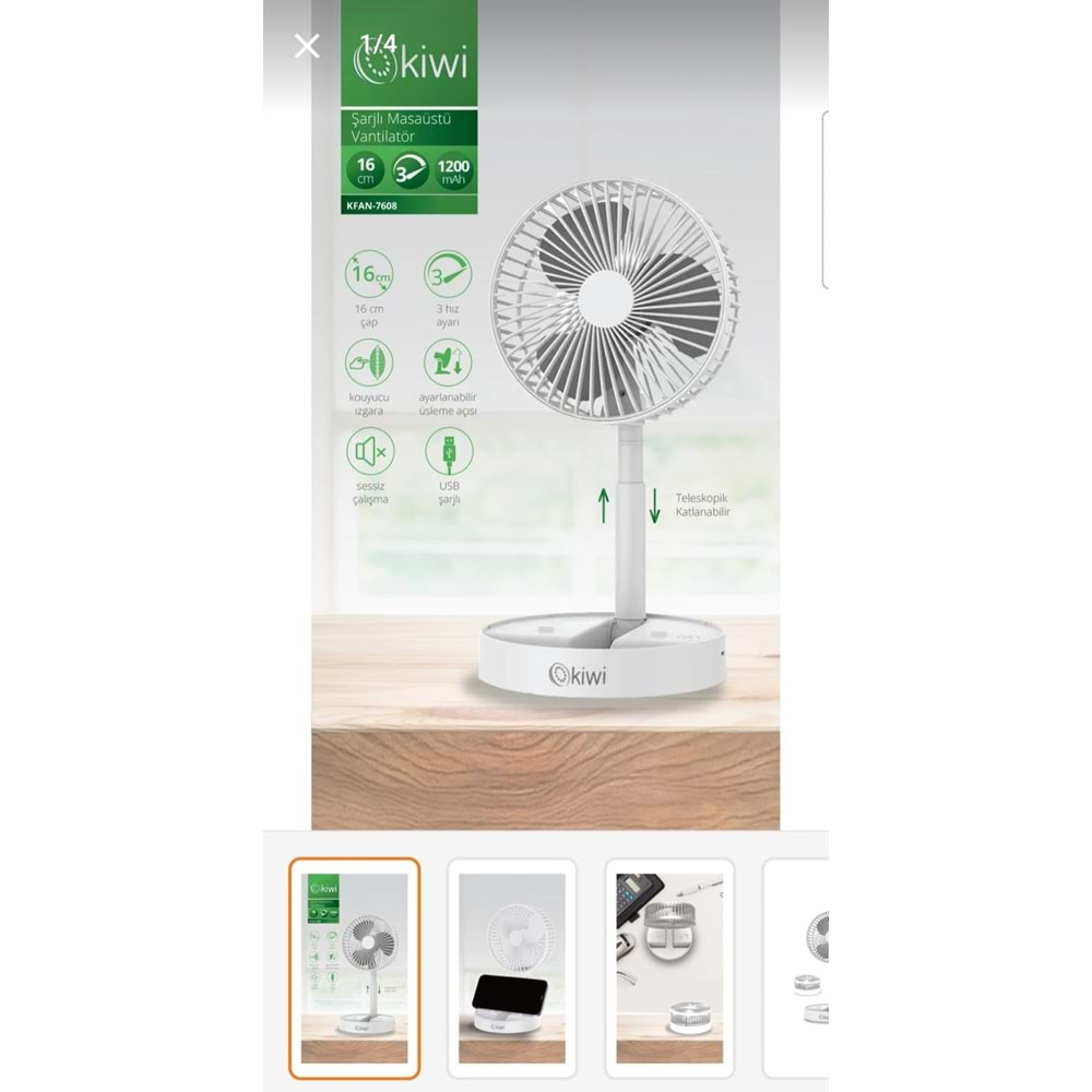 KİWİ ŞARZLI MASA ÜSTÜ VANTİLATÖR 7608
