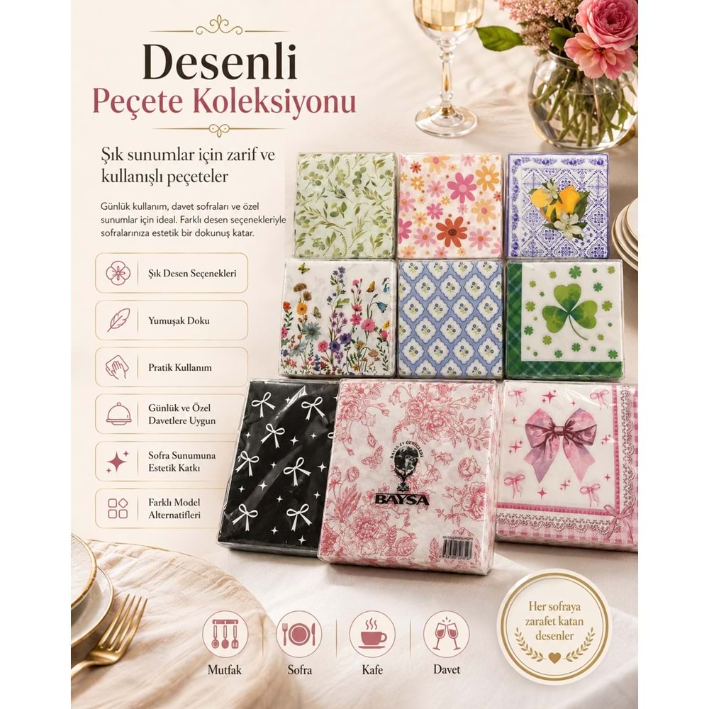 BAYSA DESENLİ PEÇETE PAKET İÇERİĞİ 20 ADET