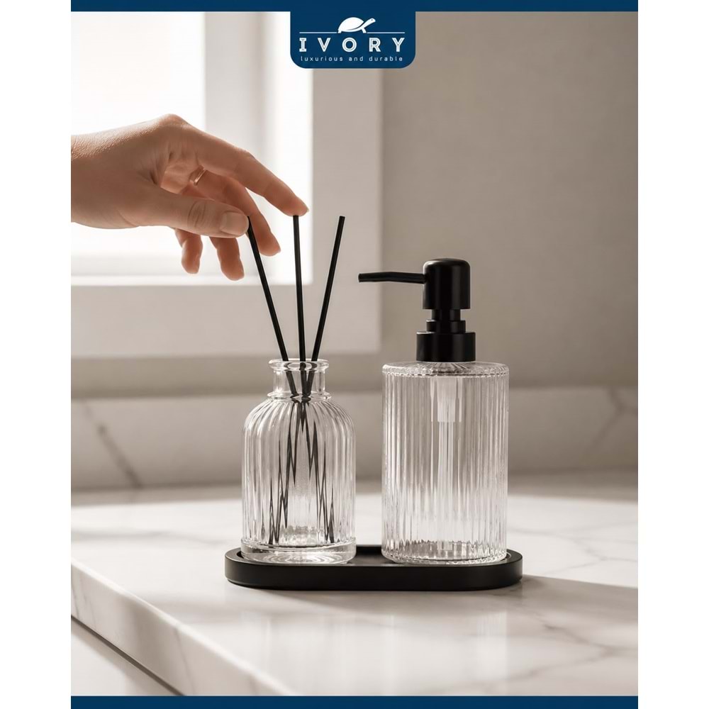 İVORY STANDLI İKİLİ CAM SABUNLUK İVO-SB121 BAMBU ÇUBUKLU