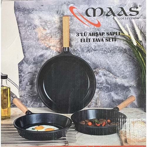MAAS 3 LÜ DERİN AHŞAP SAPLI ELİT TAVA SETİ DÖKÜM