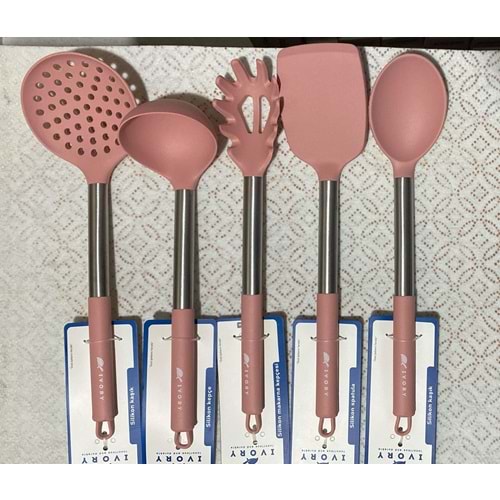 İVORY 5 Lİ ÇELİK SAPLI SİLİKON KAŞIK SETİ PEMBE
