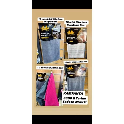 MİSCLEAN TEMİZLİK SETİ (10PKT TEZGAH BEZİ 10 ZORKİR BEZİ 10 YER BEZİ 10 KURULAMA BEZİ)