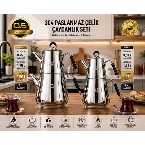 CVS MARKA 304 PASLANMAZ ÇELİK ORTA BOY ÇAYDANLIK SETİ