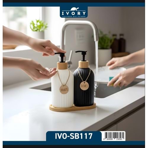 İVORY STANDLI İKİLİ SİYAH BEYAZ CAM SIVI SABUNLUK İVO-SB117