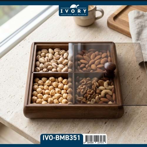 İVORY LÜKS KAPAKLI KARE BÖLMELİ BAMBU ÇEREZLİK İVO-BMB351